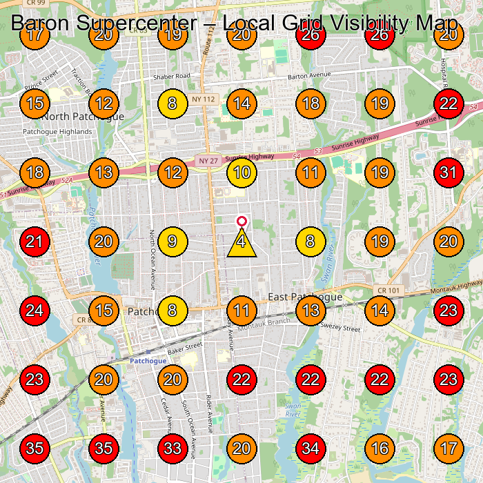 Baron Supercenter GeoGrid visibility map for Used Car Dealer in Patchogue